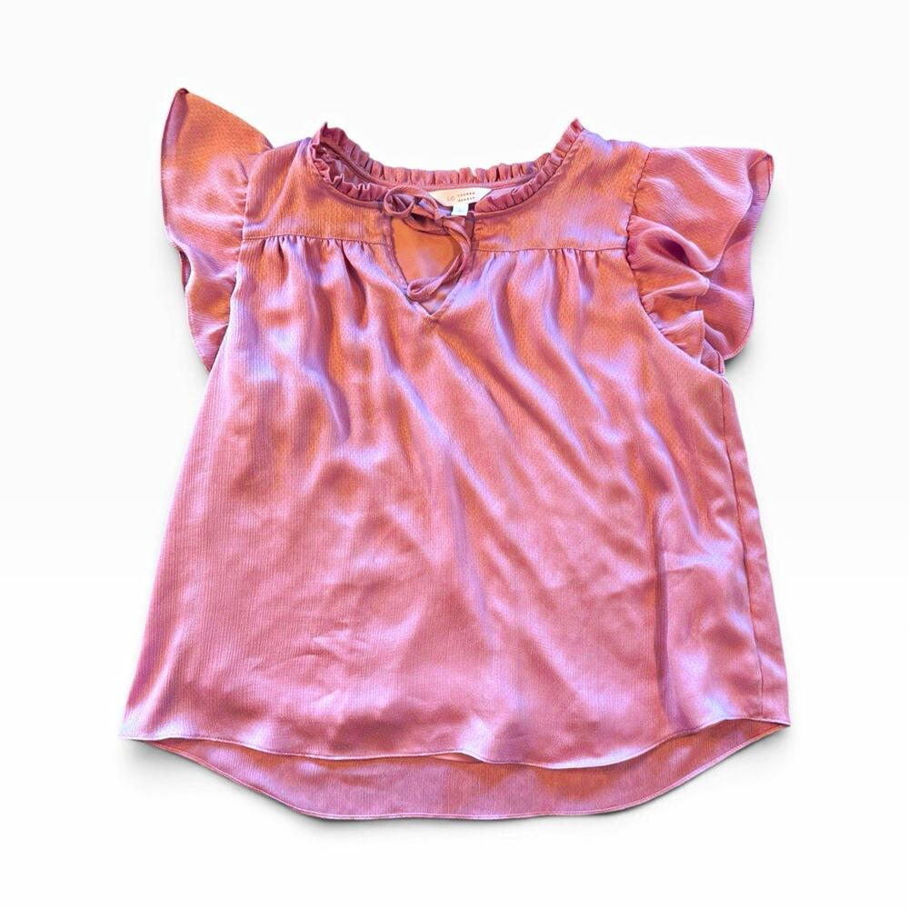 LC Lauren Conrad Women’s Large Pink Satin Ruffle Sleeve Blouse Tie Neck Top